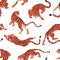 Seamless pattern with tigers white background. Repeating print with wild feline animals. Texture design with Chinese