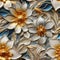 Seamless pattern tile with enameled flowers in gold metal.
