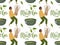 Seamless pattern with Tiny woman carries brush for whipping green matcha tea. Girl going to cooking of Traditional