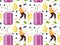 Seamless pattern with Tiny woman coopking Blueberry pear smoothie. Blueberry smoothie cup with ingredients. Glass cup