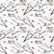 Seamless pattern of a titmouse, bullfinch and feeder on the tree.