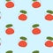 Seamless pattern with tomatoes on blue background. Continuous one line drawing tomato. Black line art on blue background with