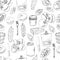 Seamless pattern of tomatoes, cucumbers and other objects for preserves. Monochrome composition. Hand drawn ink sketch.
