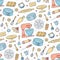 Seamless pattern with tools for making cakes, cookies and pastries. Doodle confectionery tools - stationary dough mixer