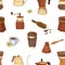 Seamless pattern with tools and utensils for coffee making and drinking - moka pot, turkish cezve, coffee pot, grinder