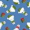 Seamless Pattern Of Tossed Polar Bears Wearing Green Santa Hat Flying In the Air,With Christmas Colorful Gift Boxes