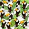 Seamless pattern with toucan bird, leaves