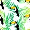 Seamless pattern with toucan and palm branches on white background. Vector summer background