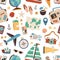 Seamless pattern with touristic stuff like passport, suitcase, globe, compass, plane and map. Endless texture about