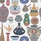 Seamless pattern with traditional Arabic utensils collection. Oriental dishes, pots, lantern, bowl, plates, pottery, ceramic with