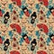 Seamless pattern with traditional asian souvenirs^ hand paper fans, kokeshi dolls, maneki neko and sakura flowers