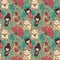 Seamless pattern with traditional asian souvenirs^ hand paper fans, kokeshi dolls, maneki neko and sakura flowers