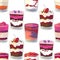 Seamless pattern with traditional English dessert trifle. Endless texture with sweet cake, fruits and cream in glass. Illustration