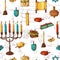 Seamless pattern with traditional hand drawn elements. Happy Hanukkah sketch objects. Vector illustartion