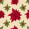 Seamless pattern with traditional homeplant poinsettia and holly plant. Endless texture with flower used indoor. Vector color