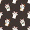 Seamless pattern with traditional Japanese so called `maneki Neki`, a white winking cat used as good luck charm on black back