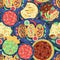 Seamless pattern of traditional mexican food on dark background. Mexican cuisine. Tacos, tortilla, fajitas, nachos