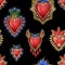 Seamless pattern with traditional Mexican hearts with fire and flowers, embroidered sequins, beads and pearls. Vector patches.