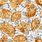 Seamless pattern with traditional pumpkin spices. Autumn backdrop Hand drawn Doodle nutmeg, cinnamon, cloves, pepper and