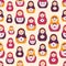 Seamless pattern with traditional Russian folk handcrafted nesting dolls. Backdrop with matryoshkas of various size