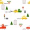 Seamless pattern: transport: cars, firefighters, truck, signs, houses, trees on a white background. Flat vector.