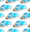 Seamless pattern transport and logistic of watercolor blue semi-trailer truc