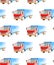 Seamless pattern transport and logistic of watercolor  medium truck with blue body and red cabin