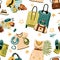 Seamless pattern with travel stuff objects. Vector