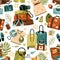 Seamless pattern with travel stuff objects. Vector