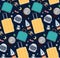 Seamless pattern with travelers suitcases, astronauts helmet, globe of the moon, rocket. Space tourism