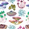 Seamless pattern with tree forest mushrooms and lichens. Realistic botanical print for design. Watercolor illustration.