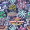 Seamless pattern with tree forest mushrooms and lichens. Realistic botanical print for design. Watercolor illustration.