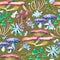 Seamless pattern with tree forest mushrooms and lichens. Realistic botanical print for design. Watercolor illustration.