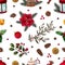 Seamless pattern.Tree twig, needles, pine, berry, holly, cotoneaster, spurge, pine cone, cinnamon, retro lamp, candle, orange.