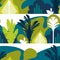 Seamless pattern. Trees are broad-leaved tropical, ferns. Mountain landscape. Flat style. Preservation of the environment.