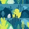 Seamless pattern. Trees are broad-leaved tropical, ferns. Mountain landscape. Flat style. Preservation of the environment, forests