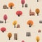 Seamless pattern of trees and buildings in fall