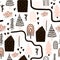 Seamless pattern with trees, houses. Forest background. Childish texture for fabric, textile.Vector Illustration