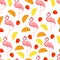 Seamless pattern with tropical bird flamingos, leaves and fruits. Texture with a bird for textiles, wallpaper, print