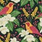 Seamless pattern with tropical birds, flowers,berries and leaves. Exotic flora and fauna.