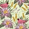 Seamless pattern with tropical birds, flowers,berries and leaves. Exotic flora and fauna.