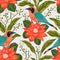 Seamless pattern with tropical birds, flowers and leaves. Exotic flora and fauna.