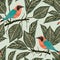 Seamless pattern with tropical birds and plants. Exotic flora and fauna.