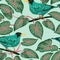 Seamless pattern with tropical birds and plants. Exotic flora and fauna.