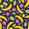 Seamless pattern with tropical blooming flowers and exotic fruits on dark background. Backdrop with bananas, kiwi