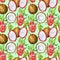 Seamless pattern with tropical exotic fruits. Dragon fruit and coconut slice on green background