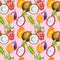 Seamless pattern with tropical exotic fruits. dragon fruit, Passion fruit, kiwano and coconut slice