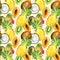 Seamless pattern with tropical exotic fruits. kiwi, mango, pineapple and coconut slice