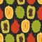 Seamless pattern with tropical exotic fruits, mango, papaya, durian, carambola, vector drawn background.