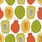 Seamless pattern with tropical exotic fruits, mango, papaya, durian, carambola, vector drawn background.